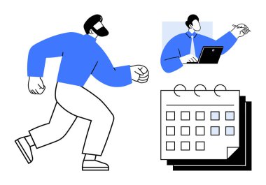 Adam hedefe doğru koşuyor, bilgisayarda profesyonel ve planlama takvimi. Üretkenlik, organizasyon, zaman yönetimi, programlama, hedef belirleme verimliliği için ideal. Basit.