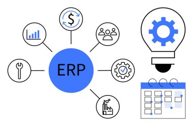 Merkezi ERP merkezi finans, ekip, üretim, analitik ve araçları birbirine bağlıyor. İşbirliği, yenilik, programlama gösteriyor. İş yürütme stratejisi için ideal verimlilik iş akışı planı