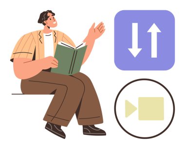 Bir kitapla ilgilenen kişi, video oynatma ve veri aktarım simgeleri vurgulama öğrenimi, multimedya, uzaktan çalışma, içerik paylaşımı, sanal etkileşim, teknoloji, iletişim. Düz metafor