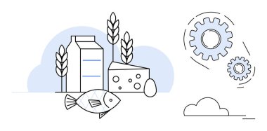 Süt kutusu, peynir, yumurta, balık, buğday, soyut dişlilerin yanında yenilikleri gösteren bitkiler. Sürdürülebilirlik, tarım, sağlıklı gıda tarım teknolojisi için ideal basit düz metafor.