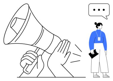 Bir mesajı vurgulayan megafon, üzerinde diyalog balonu olan bir pano tutan kişi. İletişim, liderlik, farkındalık, takım çalışması, topluluk önünde konuşma, duyurular, basit düz metafor