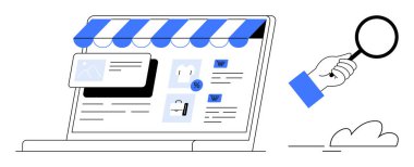Çizgili tentenin altında e-ticaret mağazası düzenini ve ürün detaylarını gösteren bir dizüstü bilgisayar. El ele tutuşup büyüteç kullanarak verileri inceliyoruz. Çevrimiçi alışveriş, iş, pazarlama, arama, perakende satış için ideal