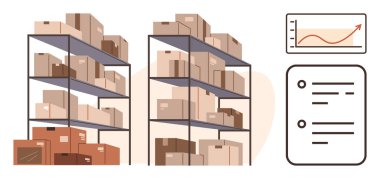 Raflardaki paketlenmiş kutular envanter deposunu sembolize ediyor. Envanter listesi ve yükselen satış tablosunu da içeriyor. Lojistik, e-ticaret, iş planlaması, tedarik zinciri, envanter yönetimi, büyüme için ideal