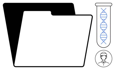 DNA sarmalı ve profesyonel simgesi olan test tüpünün yanındaki klasörü aç. Genetik, araştırma, analiz, bilim, tıbbi kayıtlar, veri depolama ve yenilik için ideal. Basit düz metafor