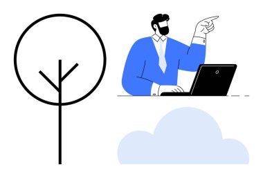 Basit ağaç ve bulut doğa, ağ ve büyüme fikirlerini önerirken dizüstü bilgisayarda el kol hareketi yapan adam. Teknoloji, karar verme, strateji, çevre, bulut hesaplama ve takım çalışması için ideal