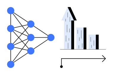 Sinirsel ağ diyagramı mavi düğümleri birbirine bağlar, yukarı doğru ok ile bir çubuk grafiğine götürür. Yapay zeka, makine öğrenimi, iş büyümesi, veri bilimi, analitik, yenilik, basit iniş sayfası için ideal