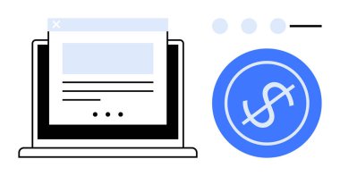 Dizüstü bilgisayar ekranında mavi dolar simgesinin yanında ince tasarım unsurları olan bir çevrimiçi form gösteriliyor. E-ticaret, fintech, ödeme, işlem, çevrimiçi alışveriş, web sitesi tasarımı, dijital ekonomi için ideal