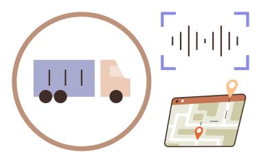 Çemberin içinde bir kamyon, GPS haritası, konum pimleri ve ses dalgaları. Lojistik, dağıtım, ulaşım, izleme, filo yönetimi veri analizi için ideal. Basit düz