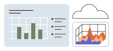 İçinde bar çizelgesi, pasta grafiği, ızgara elemanları ve bulut depolama bulunan etkileşimli gösterge paneli. Veri analizi, raporlar, iş zekası, istatistik, bulut hesaplama performans takibi için ideal