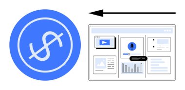 Dolar simgesi, çizelgeler, grafikler ve ortam içeriğinin yer aldığı dijital bir gösterge panelinden uzaklaşan okla çizilmiş. Finans, bütçe yönetimi, kayıp analizi, gider takibi, kaynak