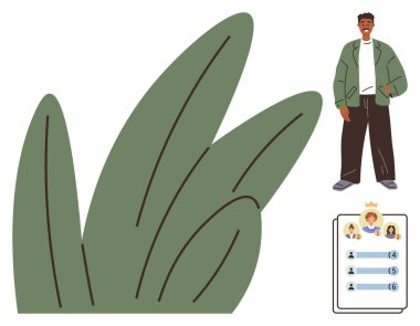 Yeşil yaprakların ve lider panosunun yanında günlük giysiler giyen genç bir adam. Kişisel gelişim, oyun, sıralama, sosyal medya, ilerleme izleme, başarı, basit düz metafor