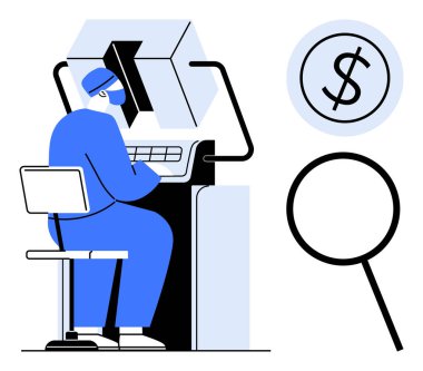Veri incelemesine odaklanmış para ve arama simgeleriyle birlikte bir bilgisayar üzerinde çalışan kişi. Araştırma, analiz, finans, teknoloji, üretkenlik, iş, basit düz metafor için ideal