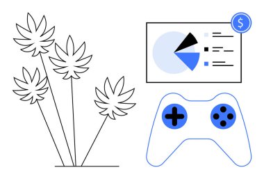 Kenevir yaprakları, oyun kontrolörü, dolar işareti sembollü finansal veri analizi gösteren pasta grafiği. Finans, teknoloji, esrar sanayii, oyun, yatırım, girişimcilik için ideal