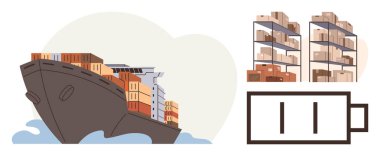 Denizi aşan malları taşıyan kargo gemisi istiflenmiş envanterlerle dolu bir depo ve düşük pil göstergesi. Lojistik, nakliye, tedarik zinciri, verimlilik, enerji yönetimi, ticaret ve iş için ideal