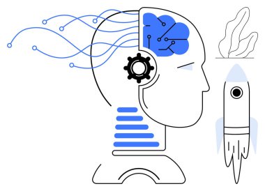 Dişliler, devreler, veri akışları, roket ve yapay zekayı temsil eden soyut şekiller, yaratıcılık, yenilik, teknoloji gelişimi fütüristik düşünce ve girişim büyümesini temsil eden insan kafası. Teknoloji için ideal