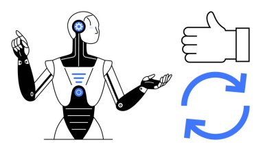 Kendine güvenen bir ifadeyle hareket eden robot, başparmaklar ve senkronlarla çevrili. Yapay zeka, otomasyon, teknoloji, robotik, yenilik, iş akışı, basit iniş sayfası için ideal