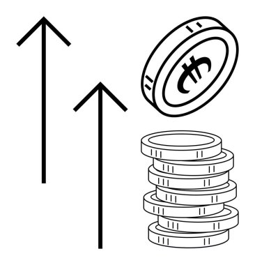 Birikmiş paralar, tek bir bozuk para ve iki yukarı doğru ok ekonomik büyümeyi, zenginliği, ilerlemeyi ve yatırımı simgeliyor. Finans, tasarruf ve iş başarısı için ideal. Ekonomi basit düz metafor.