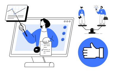 Sanal toplantı monitöründe veri sunan bir kadın, fikirleri dengeleyen iş adamları, onay ikonu. Uzaktan çalışma, işbirliği, sunum, takım çalışması, karar verme, değerlendirme için ideal basit