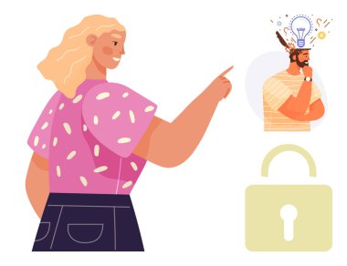 Kadın, zihninden bir kilidin üzerinde beliren düşünceli bir adama el kol hareketi yapar. Takım çalışması, yaratıcılık, beyin fırtınası, yenilik, fikri mülkiyet, ilham için ideal