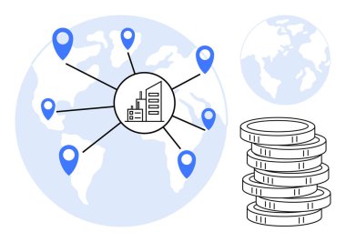 Merkezi bir iş merkezine bağlı birden fazla konum noktası olan dünya, madeni yatırımları ve büyümeyi sembolize eden para yığınları. Küresel ticaret, ekonomi, iş bağlantısı ve finans için ideal