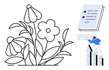 Büyümeyi sembolize eden çiçekler, organizasyon için kontrol listesi ve arama çalışmaları yapan binalarda bir figür. Üretkenlik, yaratıcılık, keşif, öğrenme, doğa için ideal