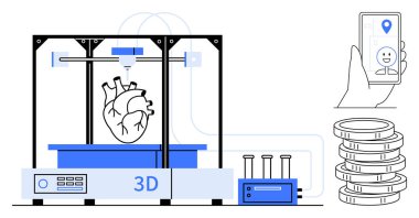 İnsan kalbi üreten 3D yazıcı, madeni paralar maliyeti gösteriyor, akıllı telefon kontrolü ya da sağlık denetimini gösteriyor. Teknoloji, sağlık, yenilik, biyoteknoloji, finans, teletıp geleceği için ideal