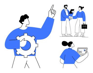 Teçhizat tutan bir iş adamı, belgelerin üzerinden el sıkışan bir çift ve kişisel inceleme verileri. Takım çalışması, yenilik, iş stratejisi, ortaklık, karar verme, büyüme liderliği için ideal