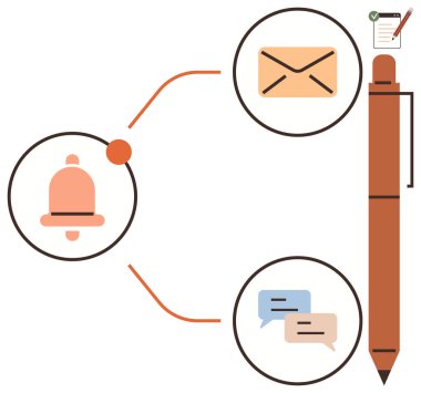 Alarm zili, e-posta bildirimi için zarf iletişim için konuşma baloncukları ve görev yönetimi için kontrol listesi olan kalem. Üretkenlik, iletişim, organizasyon, planlama için ideal