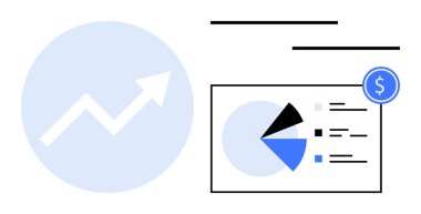 Ok, analitik gösterge panelinin yanında dolar simgesiyle turta grafiği ve listesinin yer aldığını gösteriyor. İş, finans, veri analizi, pazarlama, başarı, ilerleme için ideal, düz basit