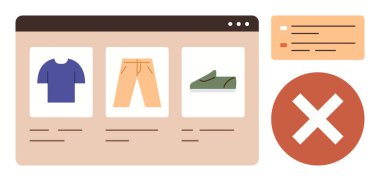 Kırmızı haç reddedilmeyi işaret ederken, tişört, pantolon ve ayakkabı gösteren bir e-ticaret arayüzü. Çevrimiçi alışveriş, karar verme, kullanıcı değerlendirmeleri, ürün filtreleme, web tasarımı, hata için ideal