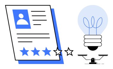 Dengeli bir ölçekte bir ampulün yanında profil ve yıldız derecesiyle devam edin. İş alımı, değerlendirme, yenilik, yaratıcılık, karar verme, kariyer büyümesi, basit düz metafor