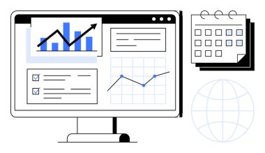 Büyüme grafiğini gösteren masaüstü ekranı, ilerleme kontrol listesi ve analiz grafiği. Takvim ve genel ağ simgesini içerir. Analiz, planlama, strateji, araştırma ve geliştirme süreci için ideal