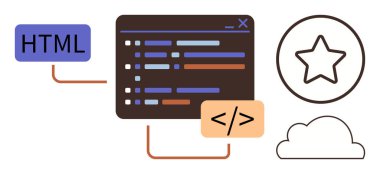 Sözdizimi çizgileri, HTML ve kod etiketleri olan kodlama ekranı, bir daire içindeki yıldız ve bir bulut. Programlama, web geliştirme, kodlama dersleri, bulut hesaplama, sistem tasarımı teknik eğitim için ideal