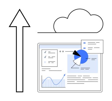 Yukarı ok veri transferini, bulut simgesini ve grafik, pasta grafiği ve analizi simgeliyor. Veri paylaşımı, bulut hesaplama, iş analizleri, takım çalışması sunum süreci için ideal