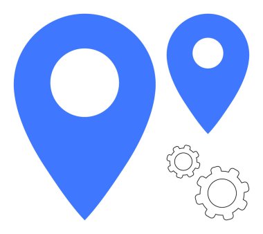 Dişli simgeleriyle eşleştirilmiş değişik boyutlarda mavi harita konumu iğneleri. Navigasyon, coğrafi konum, otomasyon, optimizasyon, teknoloji, iş stratejisi, basit iniş sayfası için ideal
