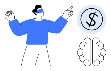 VR kulaklık takan, elinde nesne tutan, yanında bir dolar simgesi ve beyin çizimi olan biri. Finans, teknoloji, yenilik, strateji, öğrenme, gelecek eğilimler için ideal