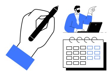 Kalem elinde, profesyonelce dizüstü bilgisayara yakın, planlı. Yönetim, planlama, üretkenlik, liderlik, takım çalışması yönetim eğitimi için ideal. Temiz ve basit düz metafor