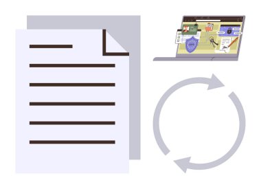 Yazılı belge, güvenlik araçlarını gösteren dizüstü bilgisayar ve dairesel ok. İş akışı, siber güvenlik, veri analizi, dosya yönetimi, dijital süreç, sistem güncellemeleri için ideal basit düz metafor