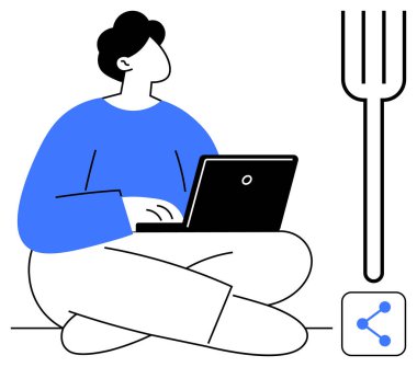 Büyük bir çatal ve paylaşım sembolünün yanında sıradan bir şekilde duran bir dizüstü bilgisayar üzerinde çalışan kişi. Kavramlar için ideal teknoloji, ağ oluşturma, sosyal medya, yaratıcılık, üretkenlik, uzaktan çalışma, basit