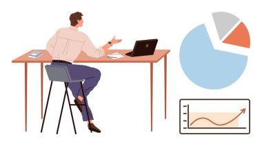 İşçi masa başında oturmuş, dizüstü bilgisayardaki verileri inceliyor. Yanında turta grafiği ve yükselen trend grafiği var. İş, analitik, strateji, üretkenlik, planlama, sorun çözme büyümesi için ideal