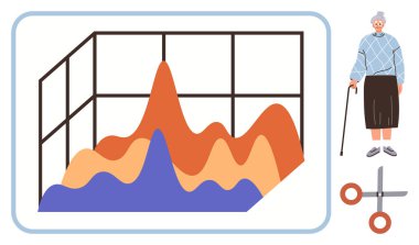 3 boyutlu grafiğin yanında bastonlu yaşlı bir kadın veri eğilimlerini gösteriyor. Makas, sağlık, yaşlanma ve analitik konularında ipucunun altında. Nüfus grafikleri, yaşlanma, eğilimler, araştırma ve çalışma analizleri için idealdir.