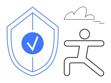 Mavi kalkan, işaretli ve yoga pozisyonunda bir bulutun altında duruyor. Sağlık, zindelik, güvenlik, denge, farkındalık, sağlık, yaşam tarzı için idealdir. Temiz, düz metafor