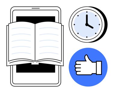 Açık kitap çakışan akıllı telefon, yuvarlak saat ve mavi daireli baş parmak ikonu. Eğitim, zaman yönetimi, üretkenlik, dijital öğrenme, iş-yaşam dengesi, e-öğrenme ve basit