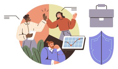 Çak bir beşlikle birlikte çalışan grup, veri analizine odaklan. Büyüme tableti, evrak çantası, kalkan vurgulu takım çalışması, başarı, strateji, iş geliştirme. Kurumsal takım çalışması için ideal