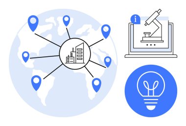 Merkezi bir sanayi merkezine bağlı noktalı dünya haritası, dizüstü bilgisayarda mikroskop, fikirler için ampul. Küresel işbirliği, yenilik, araştırma, teknoloji, ağ, eğitim için ideal
