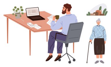 Sandalyedeki adam dizüstü bilgisayarla çalışıyor ve masa başında, kahvesini yudumluyor. Bastonlu yaşlı kadın yakınlarda duruyor. Uzaktan çalışma, bakım, aile hayatı, iş hayatı dengesi, çoklu görev, ev bakımı için ideal