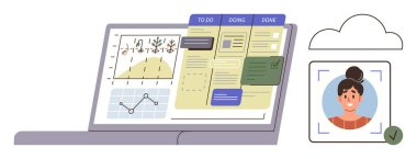 Bilgisayarda veri tabloları, görev tahtası bölümleri ve onaylanmış bir kullanıcı profili ile birlikte notlar gösteriliyor. Proje yönetimi, takım çalışması, organizasyon, üretkenlik, veri analizi için ideal