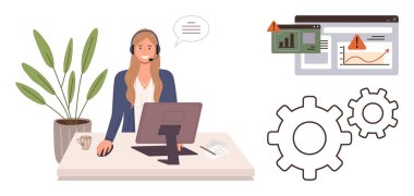 Kulaklık ve bilgisayar ile temsilci desteği, sorun giderme hatası bildirimleri. Müşteri hizmetleri, teknik destek, sorun giderme, takım çalışması, iş akışı, teknik sorunlar için ideal