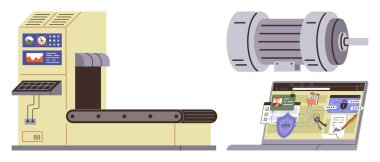 Kontrol paneli, motoru ve dizüstü bilgisayarı olan bir taşıma bandı sistemi siber güvenlik göstergesi. Üretim için ideal, endüstriyel otomasyon, siber güvenlik, akıllı fabrikalar, teknoloji, risk