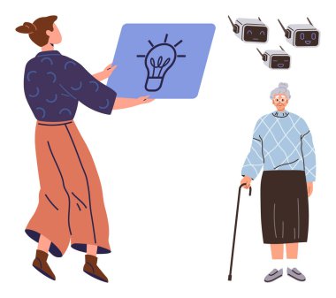 Elinde ampul tasarımı olan bir kadın yenilikleri temsil eden bir tahta tutuyor. Yakınlarda bastonlu yaşlı bir kadın ve yukarıda uçan erkek arılar var. Yenilik, teknoloji, bakım, robot bilimi ve sağlık hizmetleri için ideal